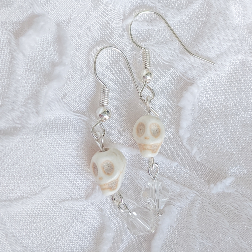 Ivory Skull Dangle Earrings – Silver Hooks, Handmade